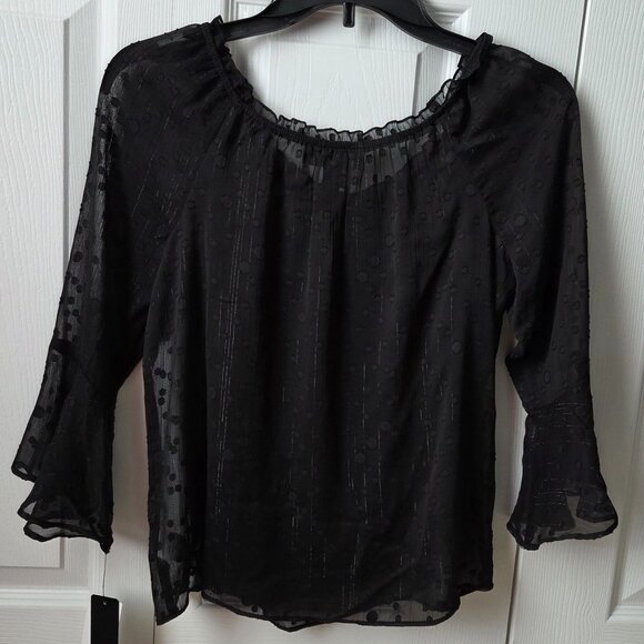 NWT BCX Juniors Round-Neck Sheer Flare-Sleeve Blouse XS - Picture 7 of 10
